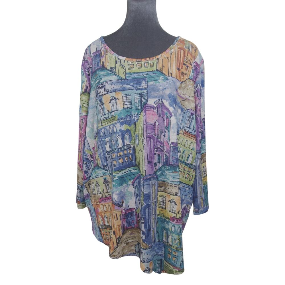 Alfred Dunner Top XL Pastel Cityscape Print Rhinestone Sharkbite Tunic EUC
